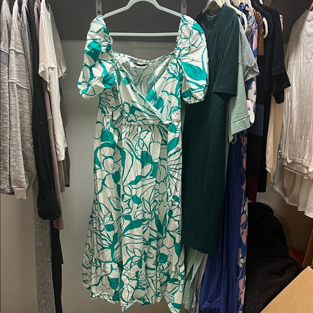 Zara Leafy off the shoulder Green and White Midi Dress
